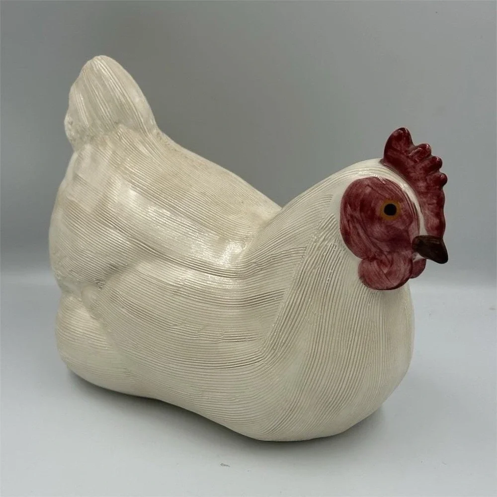 Vintage White Ceramic Chicken Hen Figurine with Red Comb, Approx 9in L x 8in T